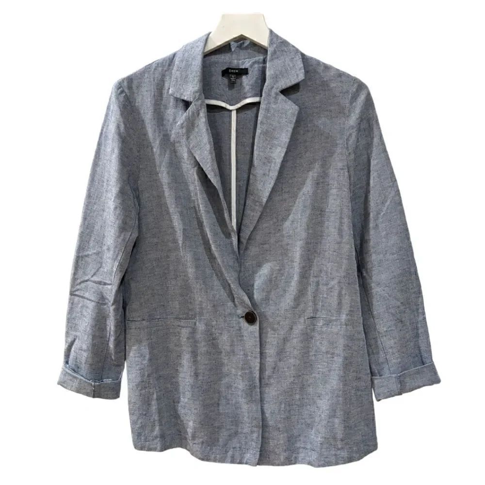DREW Anthropologie Linen Blend Chambray Blue One Button Blazer Women Size Small